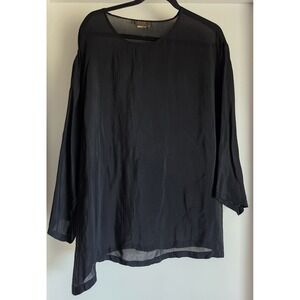 VTG Basement Women Black Long Sleeve Top Round Neck Solid Blouse Pullover Sheer